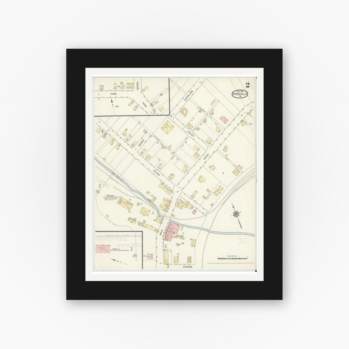 Old map wall art mockup — black gallery frame with white mat — Sanborn Fire Insurance Map from Sykesville, Jefferson County, Pennsylvania (1914), Sheet #0002