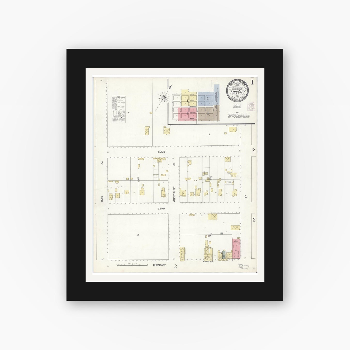 Old map wall art mockup — black gallery frame with white mat — Sanborn Fire Insurance Map from King City, Monterey County, California (1903) - Complete Map Set