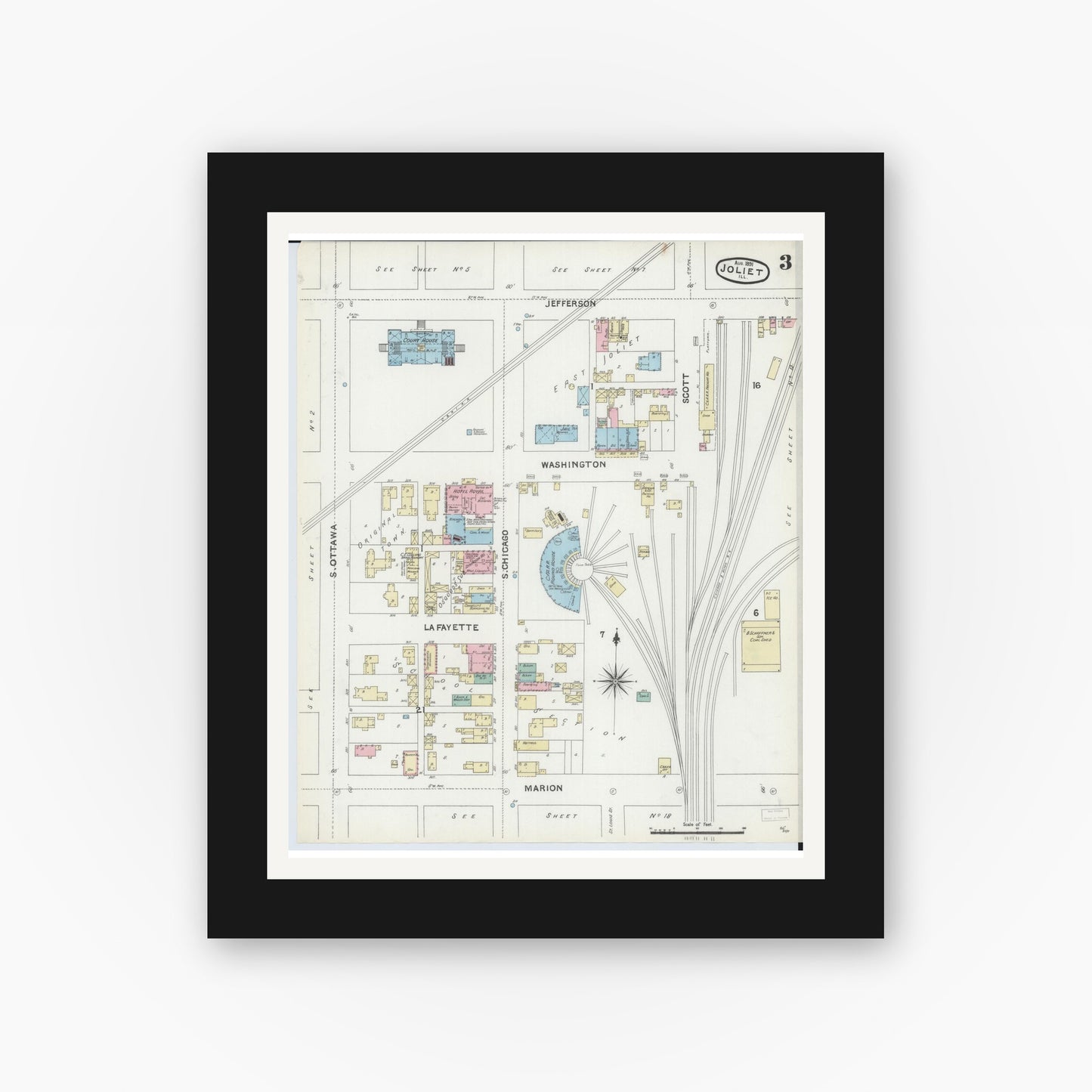 Old map wall art mockup — black gallery frame with white mat — Sanborn Fire Insurance Map from Joliet, Will County, Illinois (1891), Sheet #0003