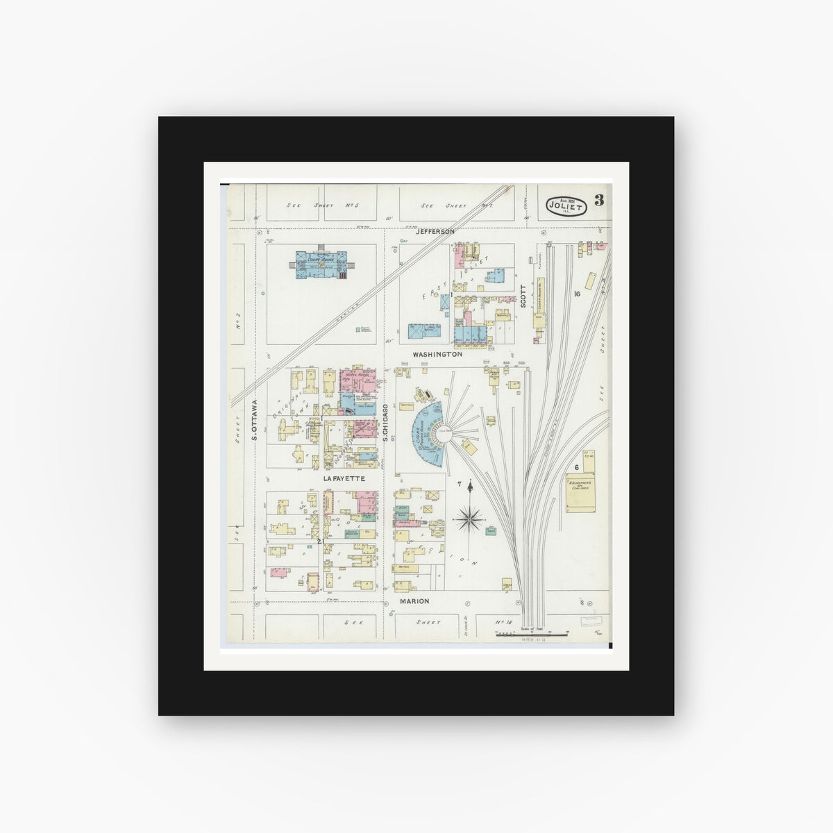 Old map wall art mockup — black gallery frame with white mat — Sanborn Fire Insurance Map from Joliet, Will County, Illinois (1891), Sheet #0003