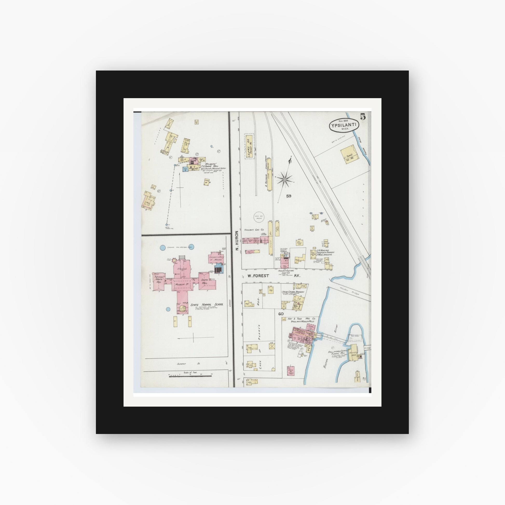 Old map wall art mockup — black gallery frame with white mat — Sanborn Fire Insurance Map from Ypsilanti, Washtenaw County, Michigan (1888), Sheet #0005
