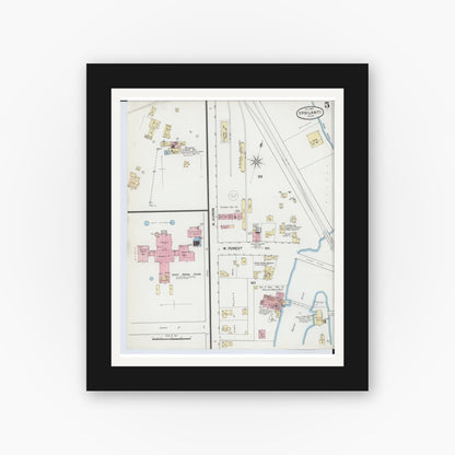 Old map wall art mockup — black gallery frame with white mat — Sanborn Fire Insurance Map from Ypsilanti, Washtenaw County, Michigan (1888), Sheet #0005