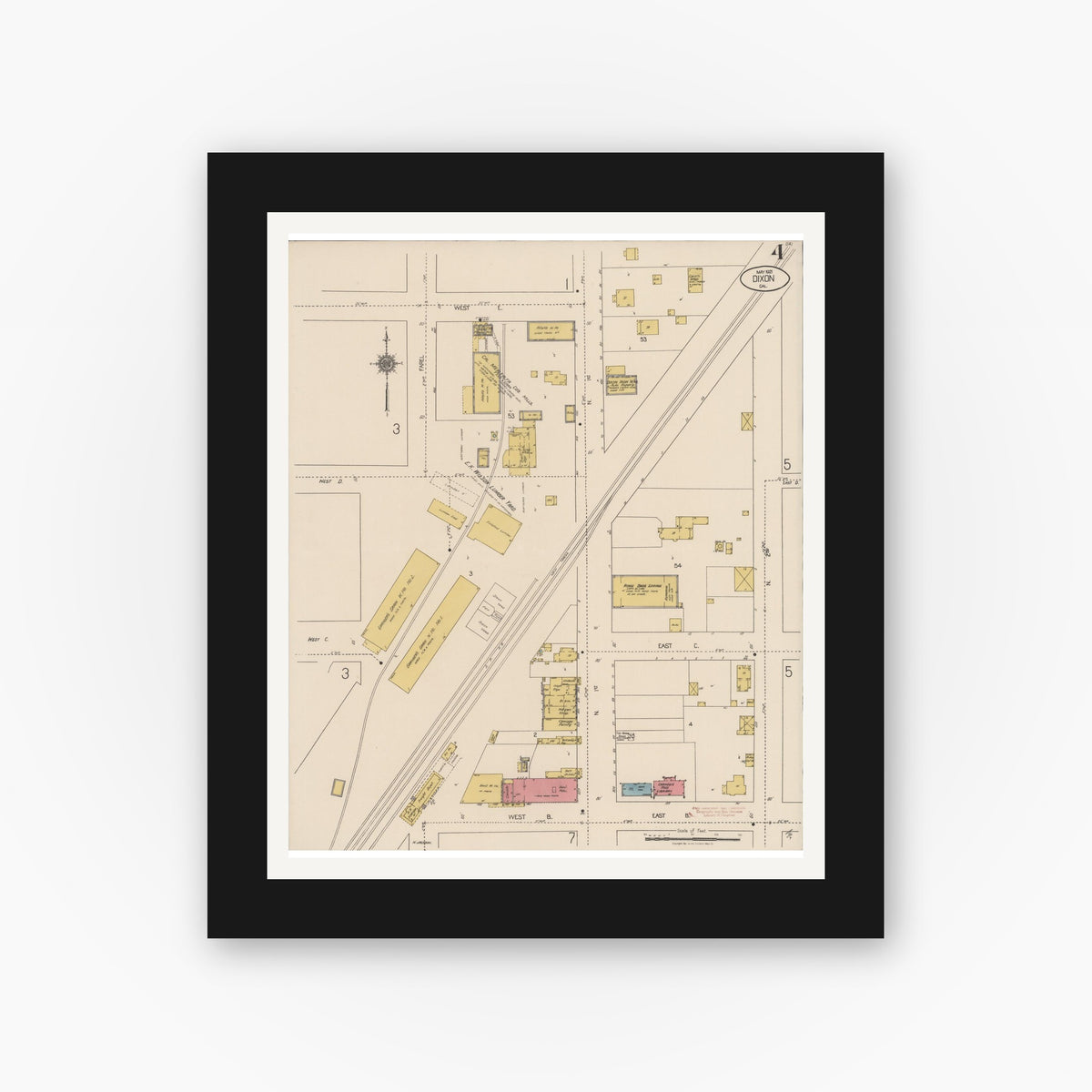 Old map wall art mockup — black gallery frame with white mat — Sanborn Fire Insurance Map from Dixon, Solano County, California (1921), Sheet #0004