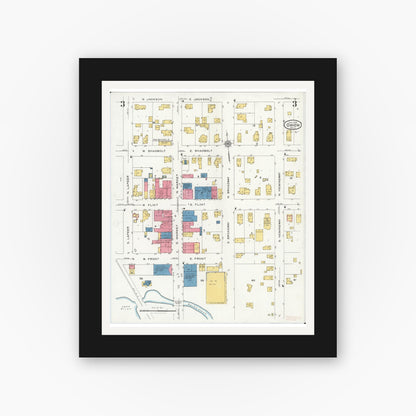 Old map wall art mockup — black gallery frame with white mat — Sanborn Fire Insurance Map from Orion, Oakland County, Michigan (1926), Sheet #0003
