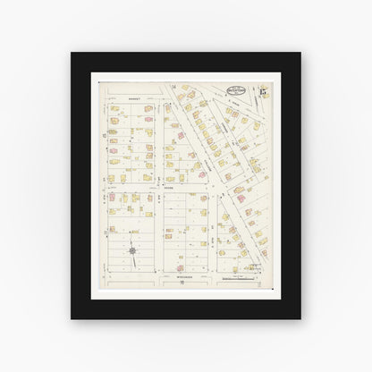 Old map wall art mockup — black gallery frame with white mat — Sanborn Fire Insurance Map from Watertown, Jefferson County, Wisconsin (1915), Sheet #0016
