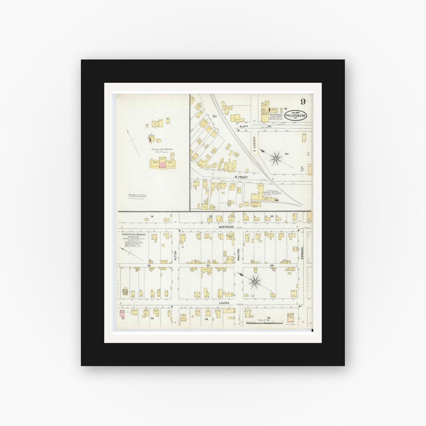 Old map wall art mockup — black gallery frame with white mat — Sanborn Fire Insurance Map from Philipsburg, Centre County, Pennsylvania (1904), Sheet #0009