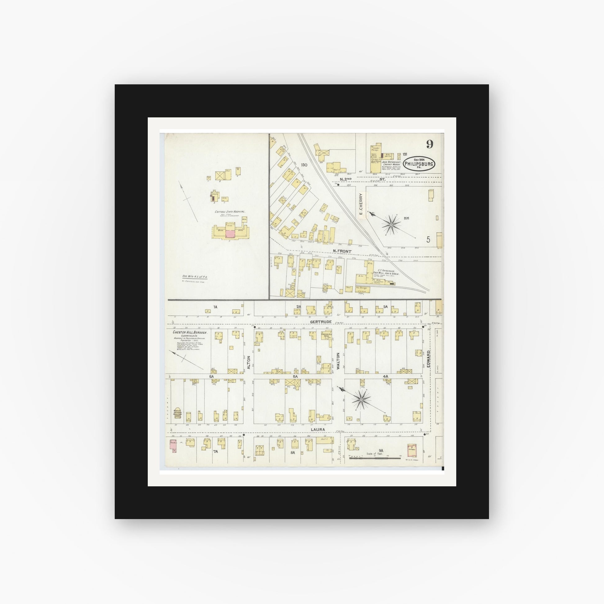 Old map wall art mockup — black gallery frame with white mat — Sanborn Fire Insurance Map from Philipsburg, Centre County, Pennsylvania (1904), Sheet #0009