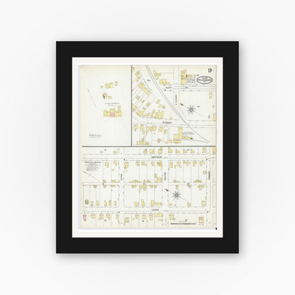Old map wall art mockup — black gallery frame with white mat — Sanborn Fire Insurance Map from Philipsburg, Centre County, Pennsylvania (1904), Sheet #0009