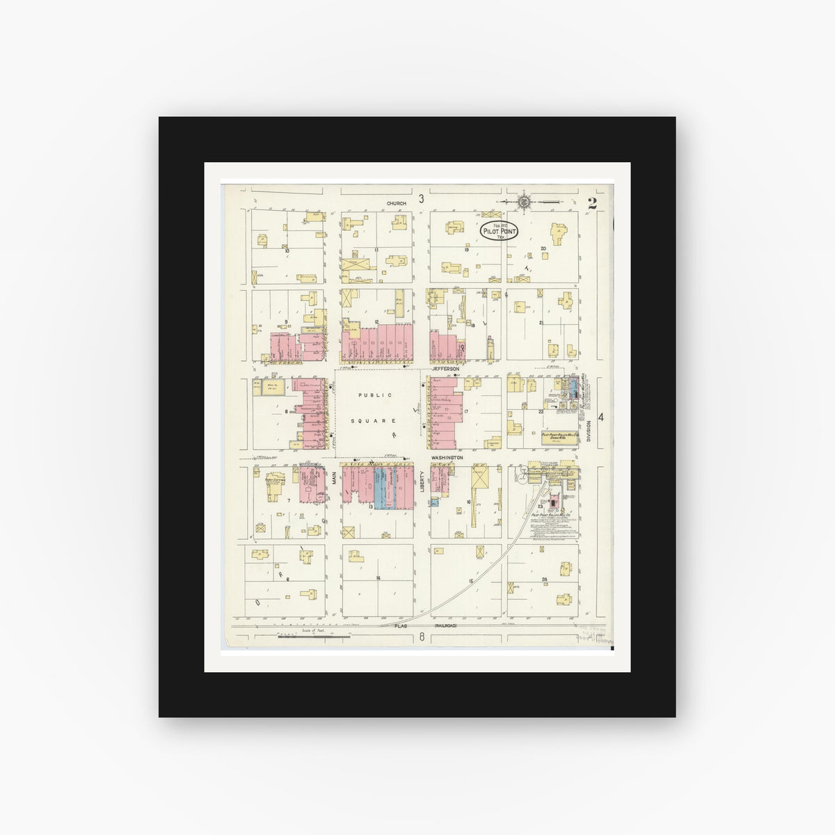 Old map wall art mockup — black gallery frame with white mat — Sanborn Fire Insurance Map from Pilot Point, Denton County, Texas (1912), Sheet #0002