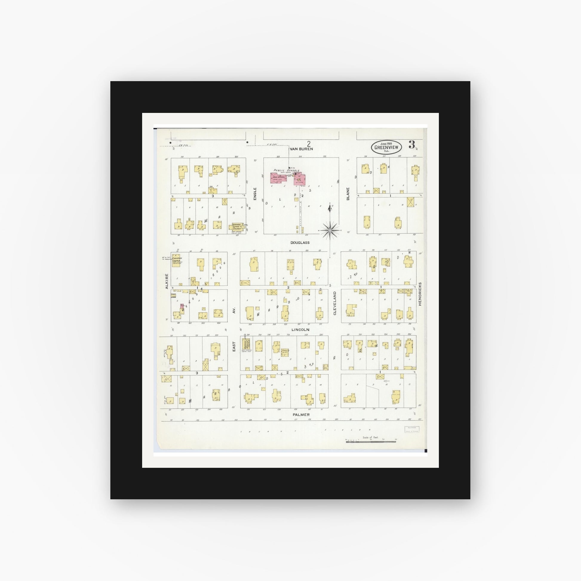Old map wall art mockup — black gallery frame with white mat — Sanborn Fire Insurance Map from Greenview, Menard County, Illinois (1909), Sheet #0003
