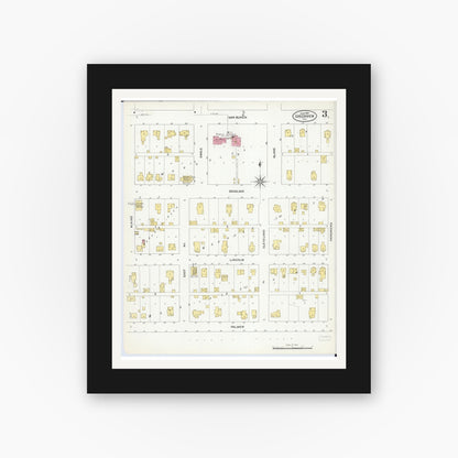 Old map wall art mockup — black gallery frame with white mat — Sanborn Fire Insurance Map from Greenview, Menard County, Illinois (1909), Sheet #0003