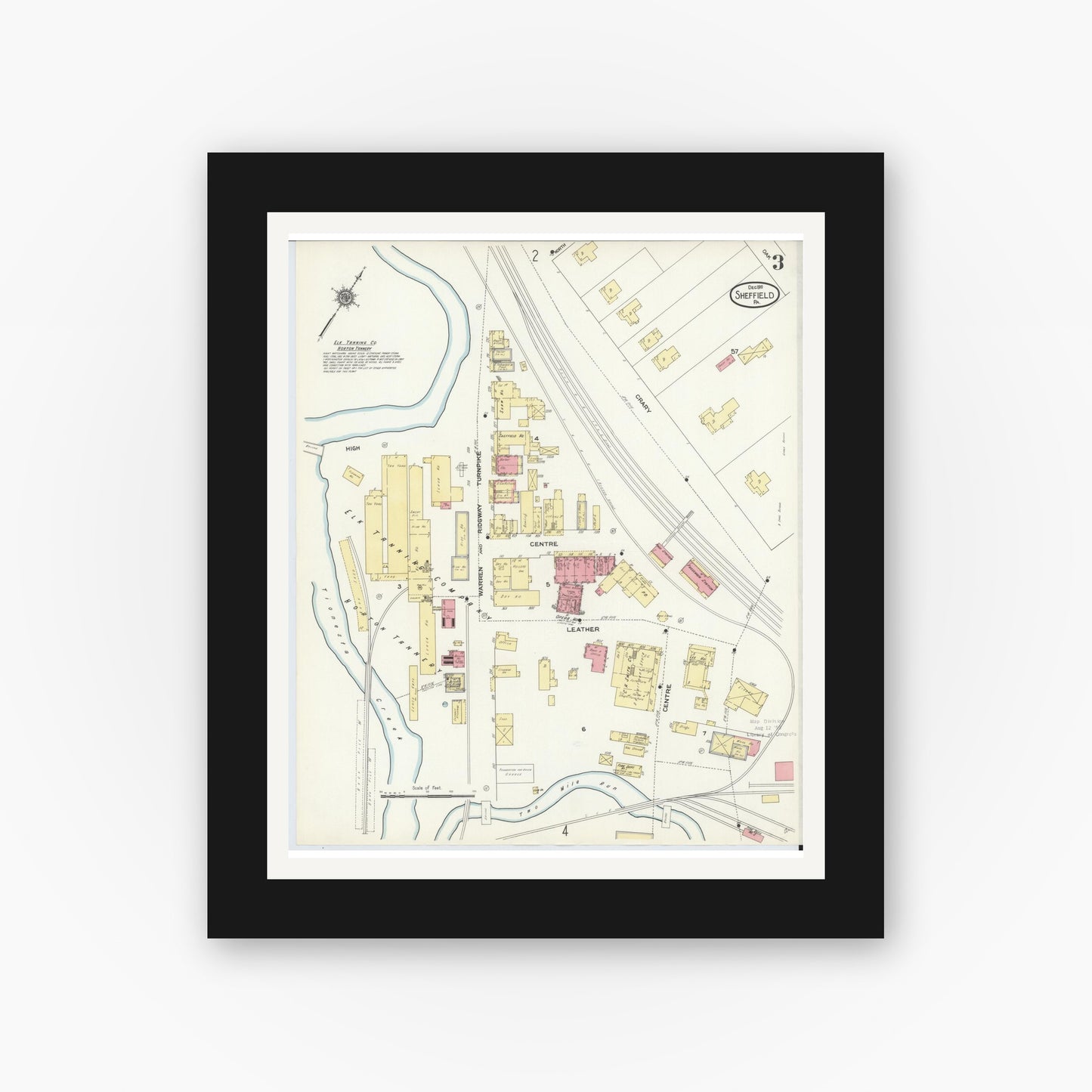 Old map wall art mockup — black gallery frame with white mat — Sanborn Fire Insurance Map from Sheffield, Warren County, Pennsylvania (1910), Sheet #0003