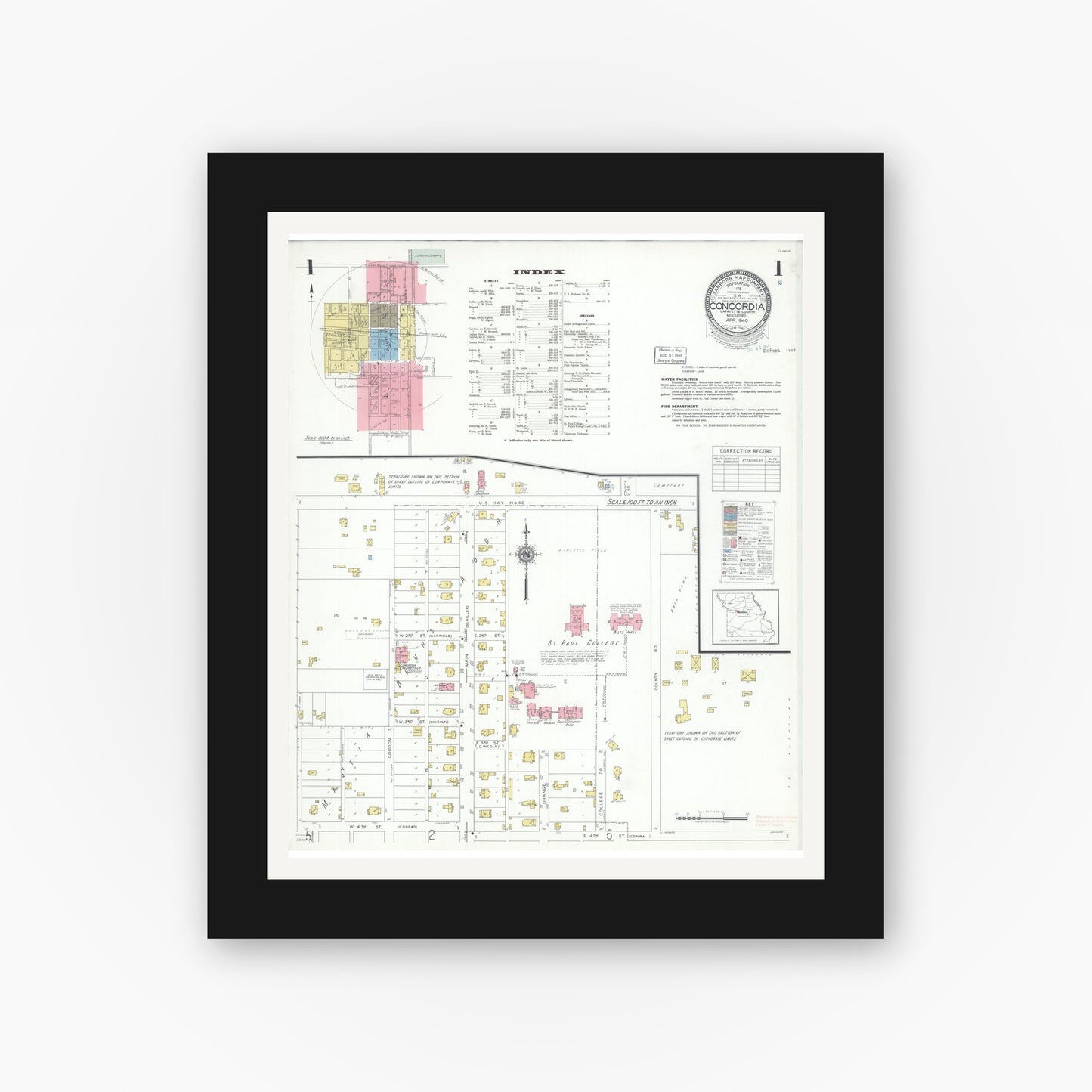 Old map wall art mockup — black gallery frame with white mat — Sanborn Fire Insurance Map from Concordia, Lafayette County, Missouri (1940) - Complete Map Set
