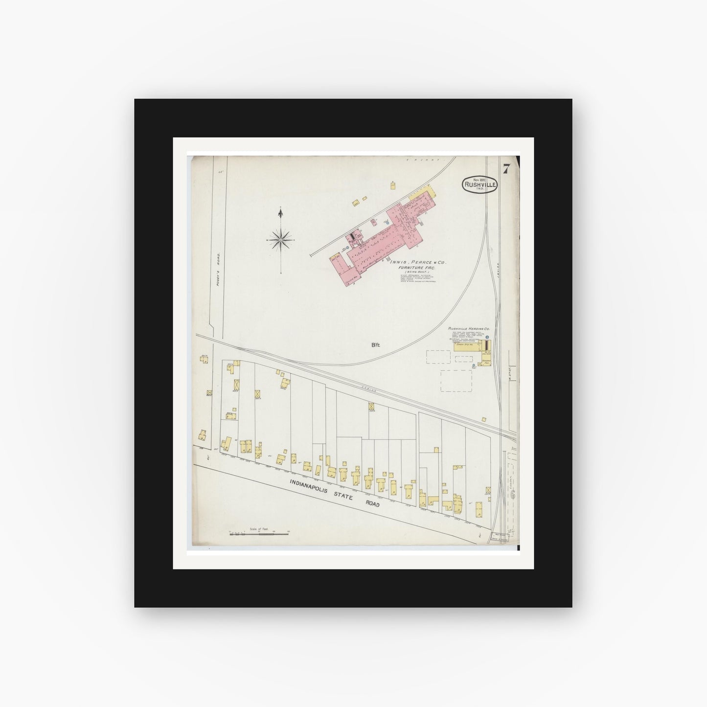 Old map wall art mockup — black gallery frame with white mat — Sanborn Fire Insurance Map from Rushville, Rush County, Indiana (1892), Sheet #0007