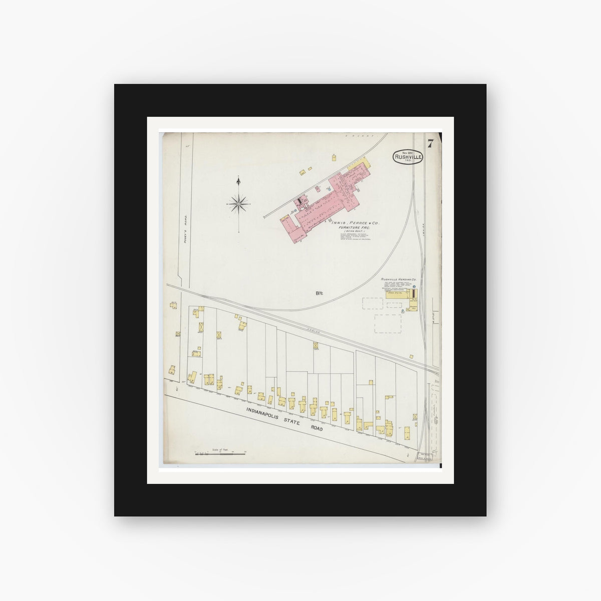 Old map wall art mockup — black gallery frame with white mat — Sanborn Fire Insurance Map from Rushville, Rush County, Indiana (1892), Sheet #0007