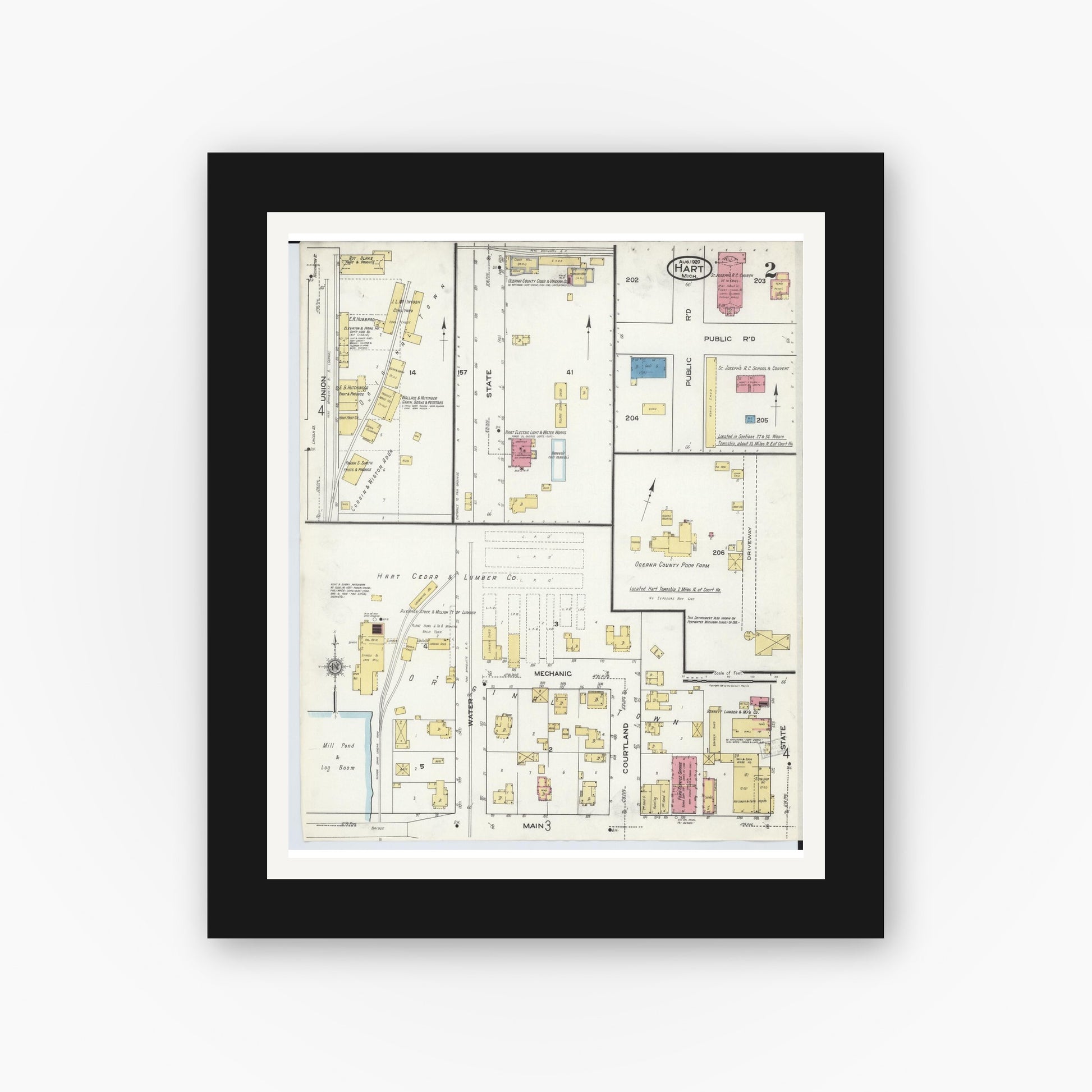Old map wall art mockup — black gallery frame with white mat — Sanborn Fire Insurance Map from Hart, Oceana County, Michigan (1920), Sheet #0002