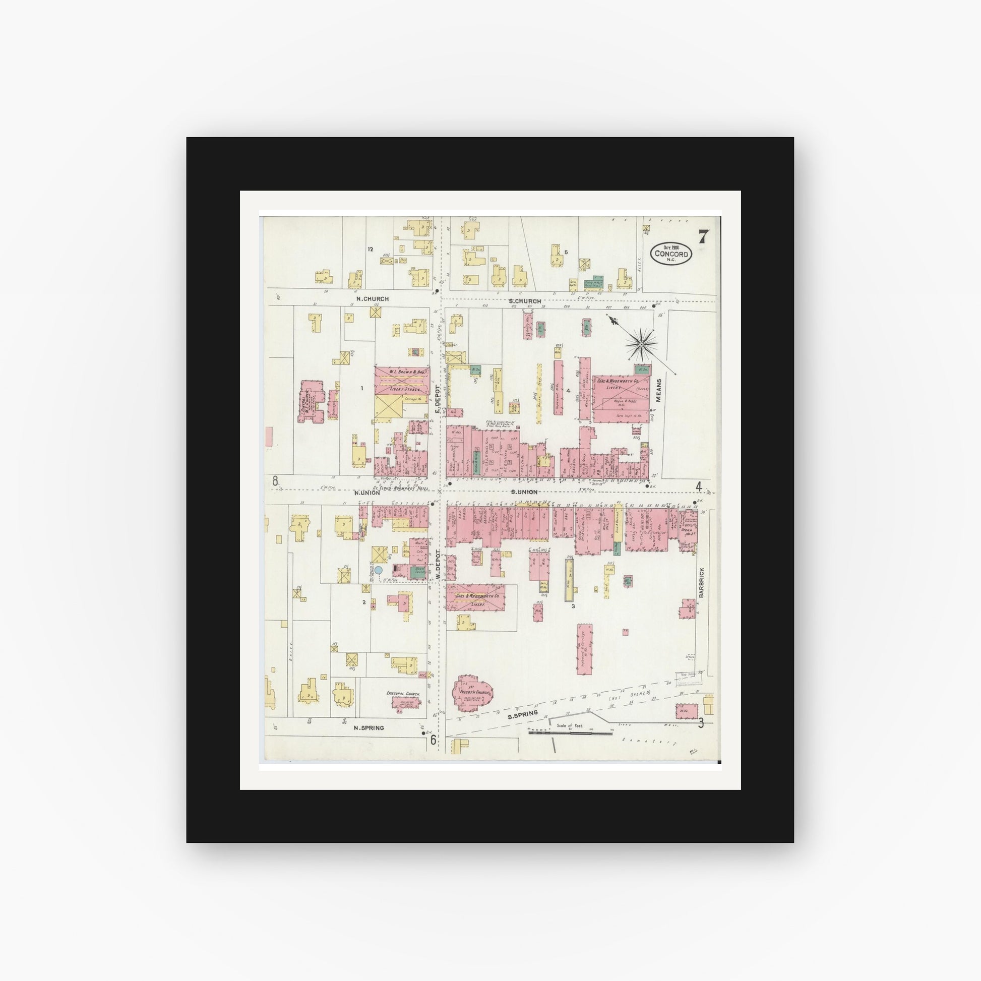 Old map wall art mockup — black gallery frame with white mat — Sanborn Fire Insurance Map from Concord, Cabarrus County, North Carolina (1906), Sheet #0007