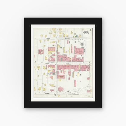 Old map wall art mockup — black gallery frame with white mat — Sanborn Fire Insurance Map from Concord, Cabarrus County, North Carolina (1906), Sheet #0007