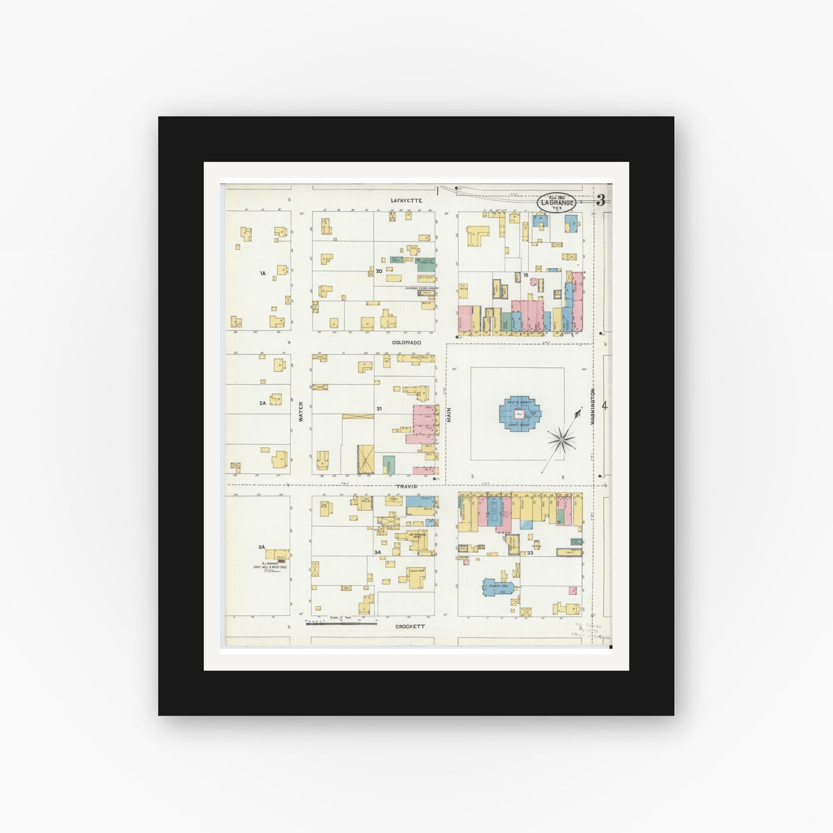 Old map wall art mockup — black gallery frame with white mat — Sanborn Fire Insurance Map from La Grange, Fayette County, Texas (1906), Sheet #0003
