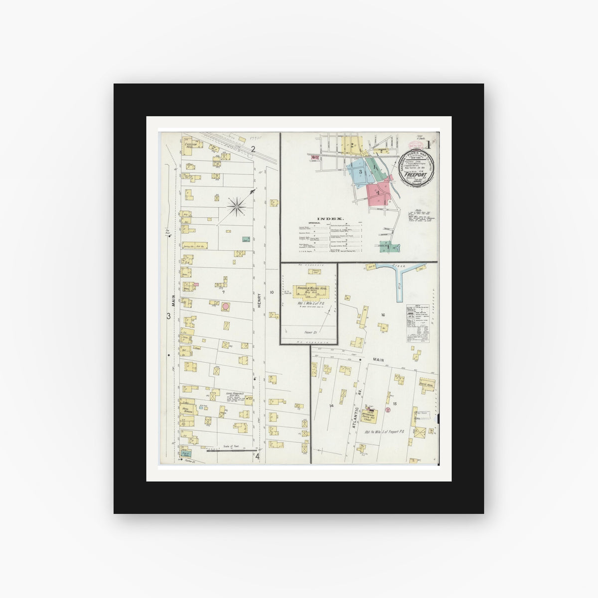 Old map wall art mockup — black gallery frame with white mat — Sanborn Fire Insurance Map from Freeport, Nassau County, New York (1897) - Complete Map Set