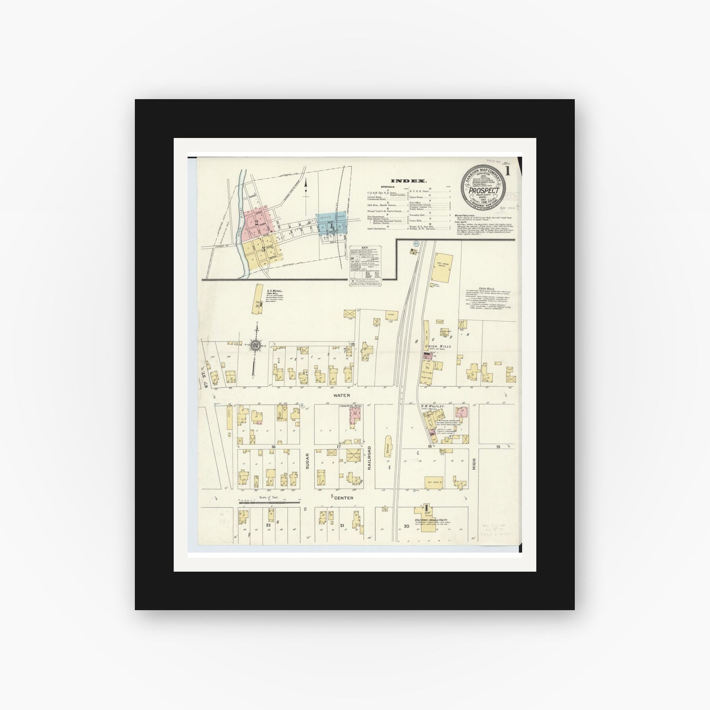Old map wall art mockup — black gallery frame with white mat — Sanborn Fire Insurance Map from Prospect, Marion County, Ohio (1910) - Complete Map Set