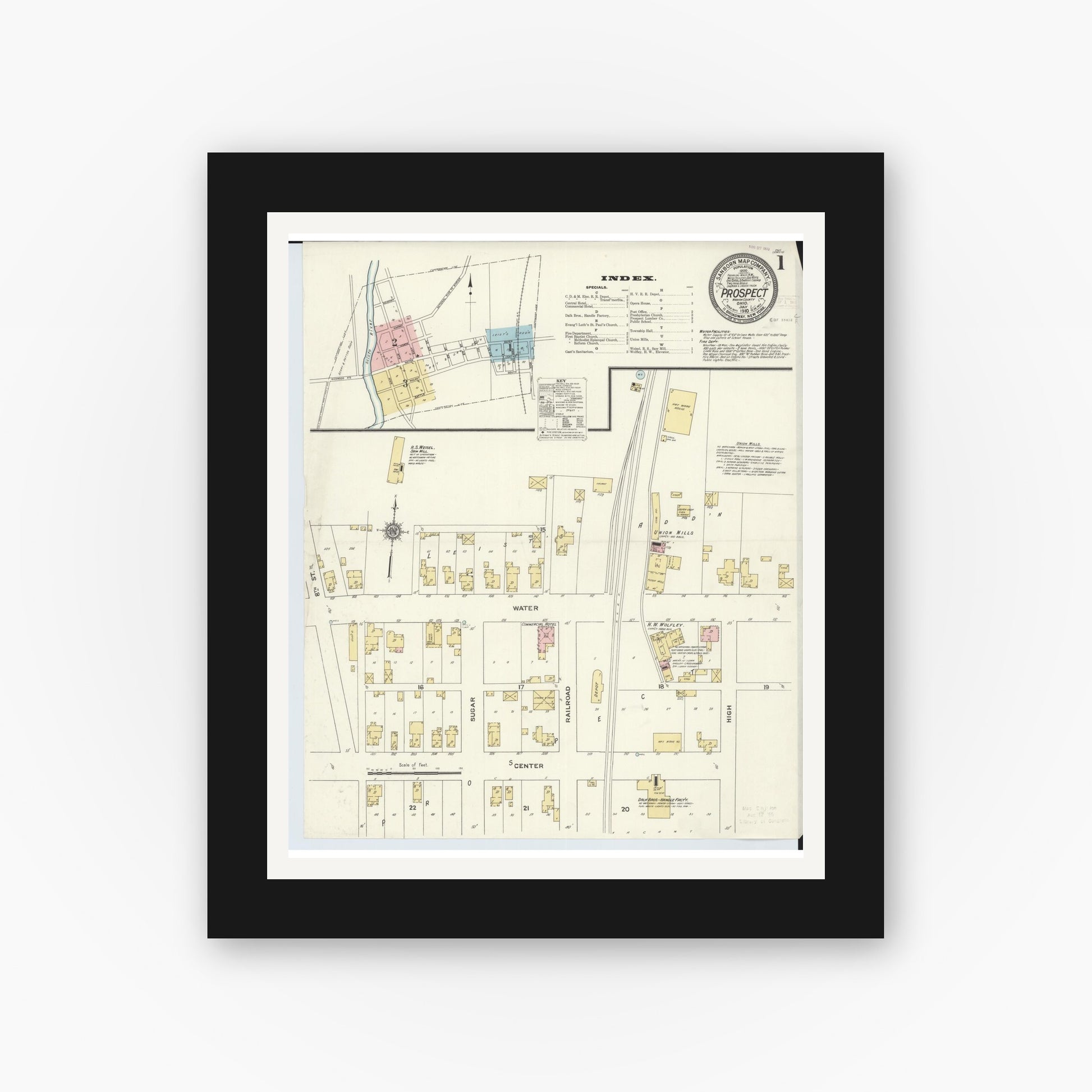 Old map wall art mockup — black gallery frame with white mat — Sanborn Fire Insurance Map from Prospect, Marion County, Ohio (1910) - Complete Map Set