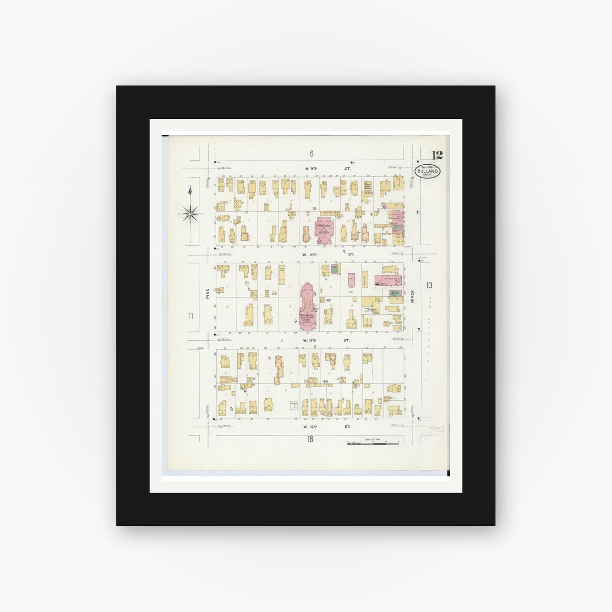 Old map wall art mockup — black gallery frame with white mat — Sanborn Fire Insurance Map from Holland, Ottawa County, Michigan (1908), Sheet #0012
