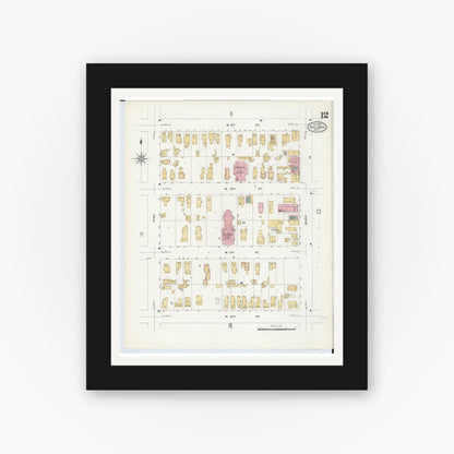 Old map wall art mockup — black gallery frame with white mat — Sanborn Fire Insurance Map from Holland, Ottawa County, Michigan (1908), Sheet #0012