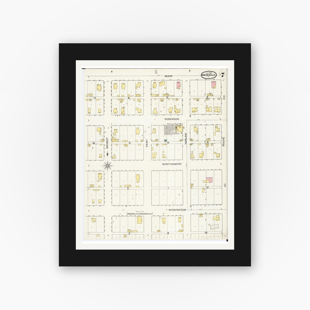 Old map wall art mockup — black gallery frame with white mat — Sanborn Fire Insurance Map from Knoxville, Marion County, Iowa (1893), Sheet #0007