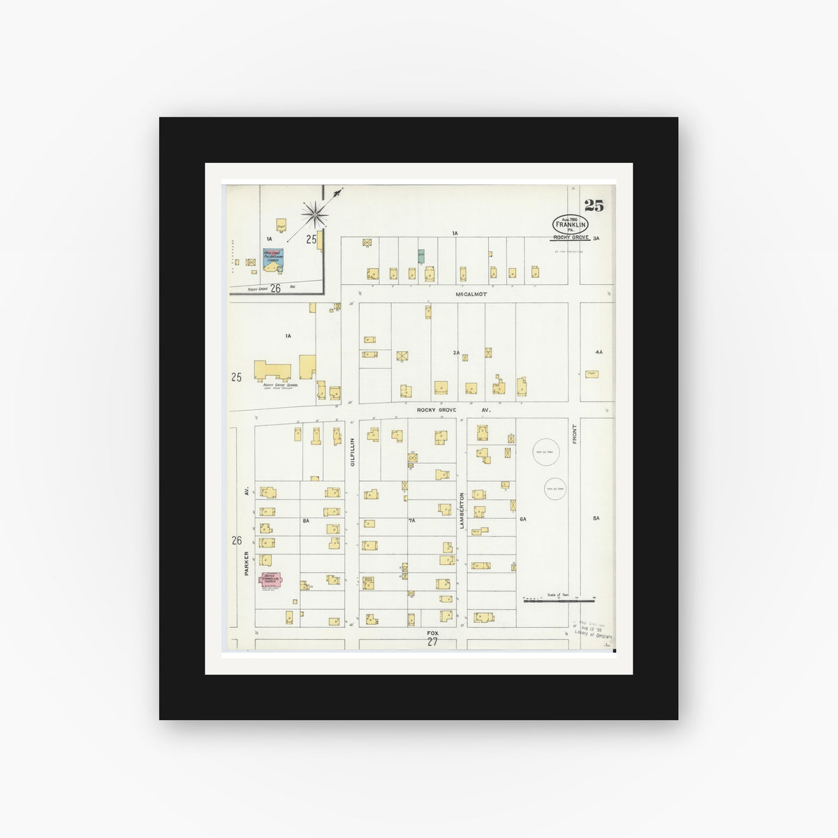 Old map wall art mockup — black gallery frame with white mat — Sanborn Fire Insurance Map from Franklin, Venango County, Pennsylvania (1906), Sheet #0025