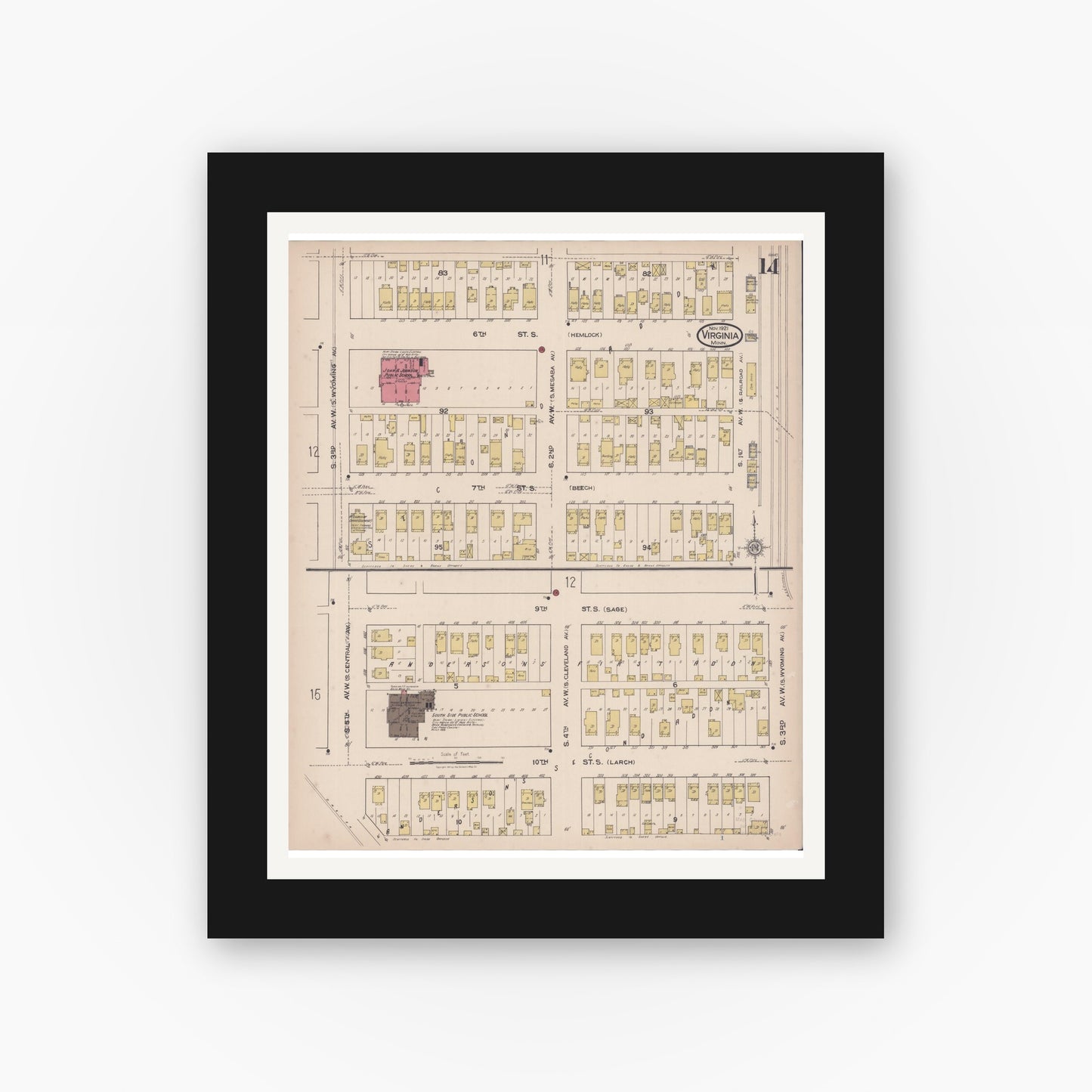 Old map wall art mockup — black gallery frame with white mat — Sanborn Fire Insurance Map from Virginia, Saint Louis County, Minnesota (1921), Sheet #0014