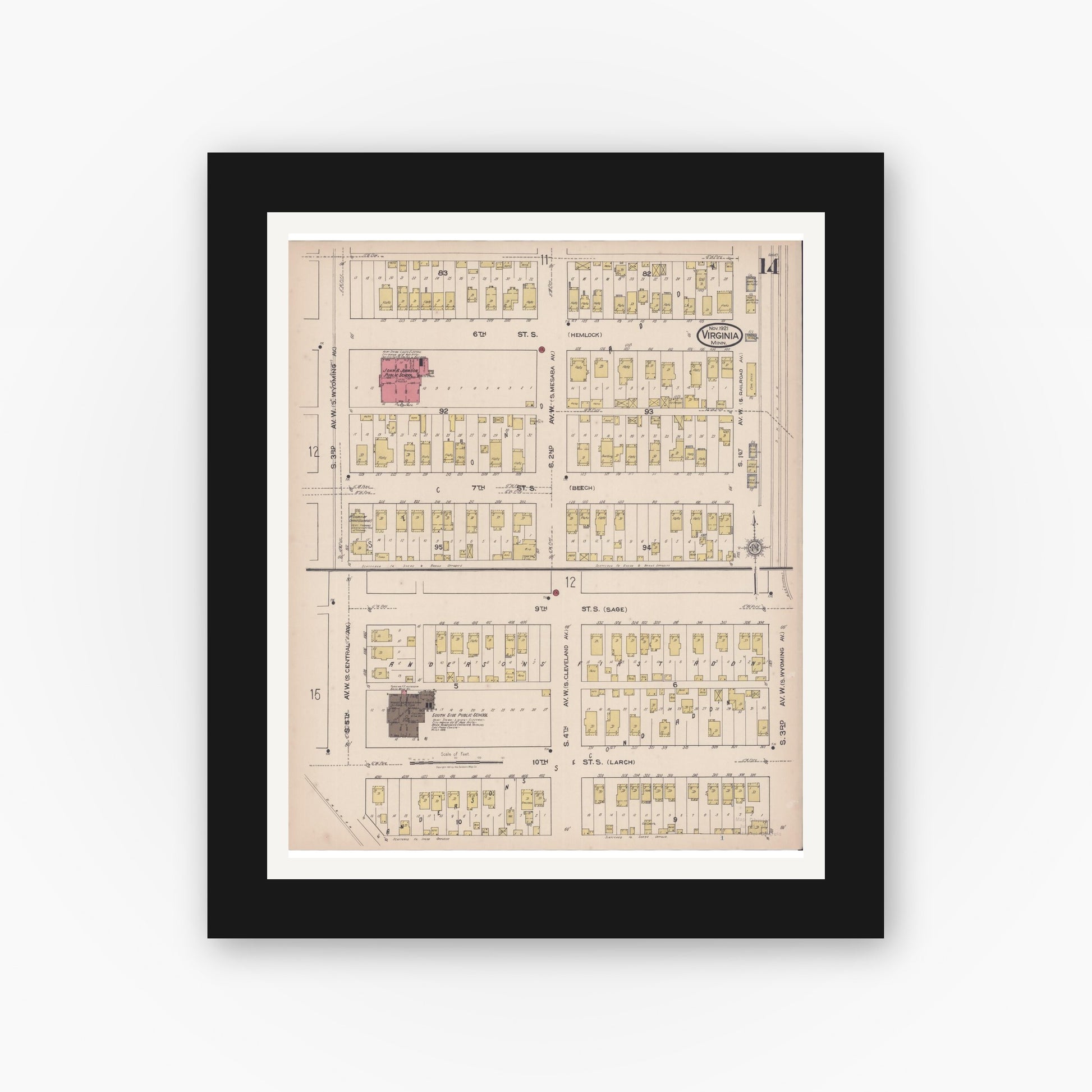 Old map wall art mockup — black gallery frame with white mat — Sanborn Fire Insurance Map from Virginia, Saint Louis County, Minnesota (1921), Sheet #0014