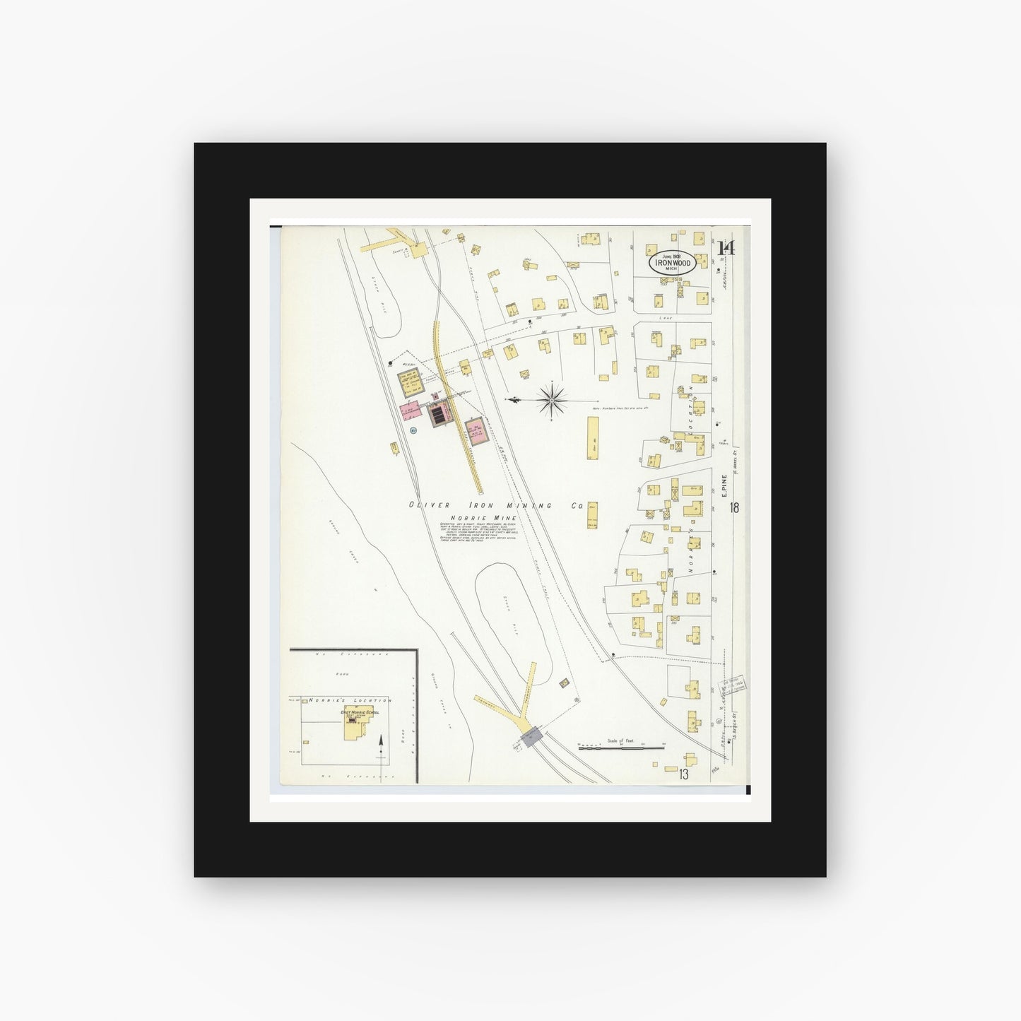 Old map wall art mockup — black gallery frame with white mat — Sanborn Fire Insurance Map from Ironwood, Gogebic County, Michigan (1908), Sheet #0014