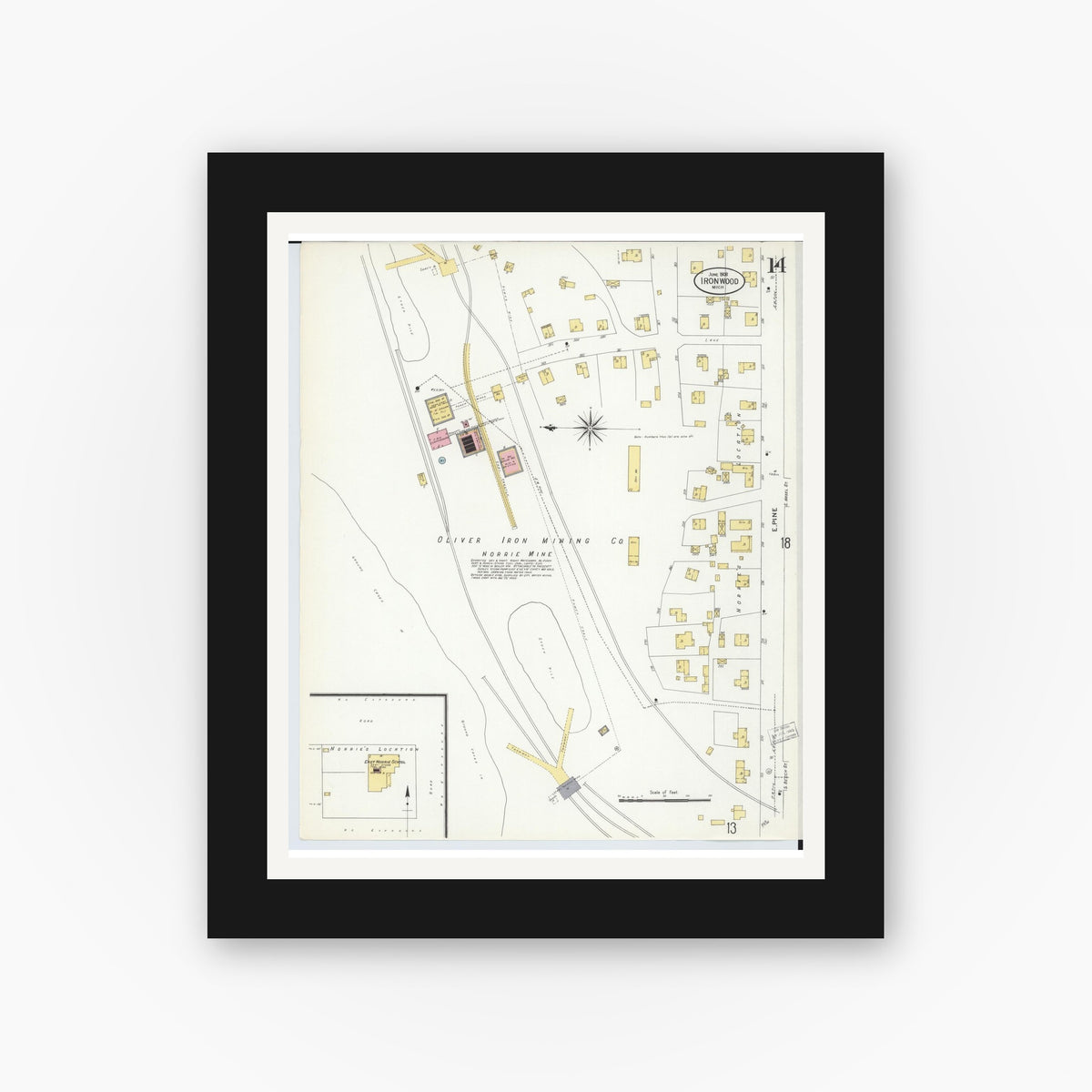 Old map wall art mockup — black gallery frame with white mat — Sanborn Fire Insurance Map from Ironwood, Gogebic County, Michigan (1908), Sheet #0014