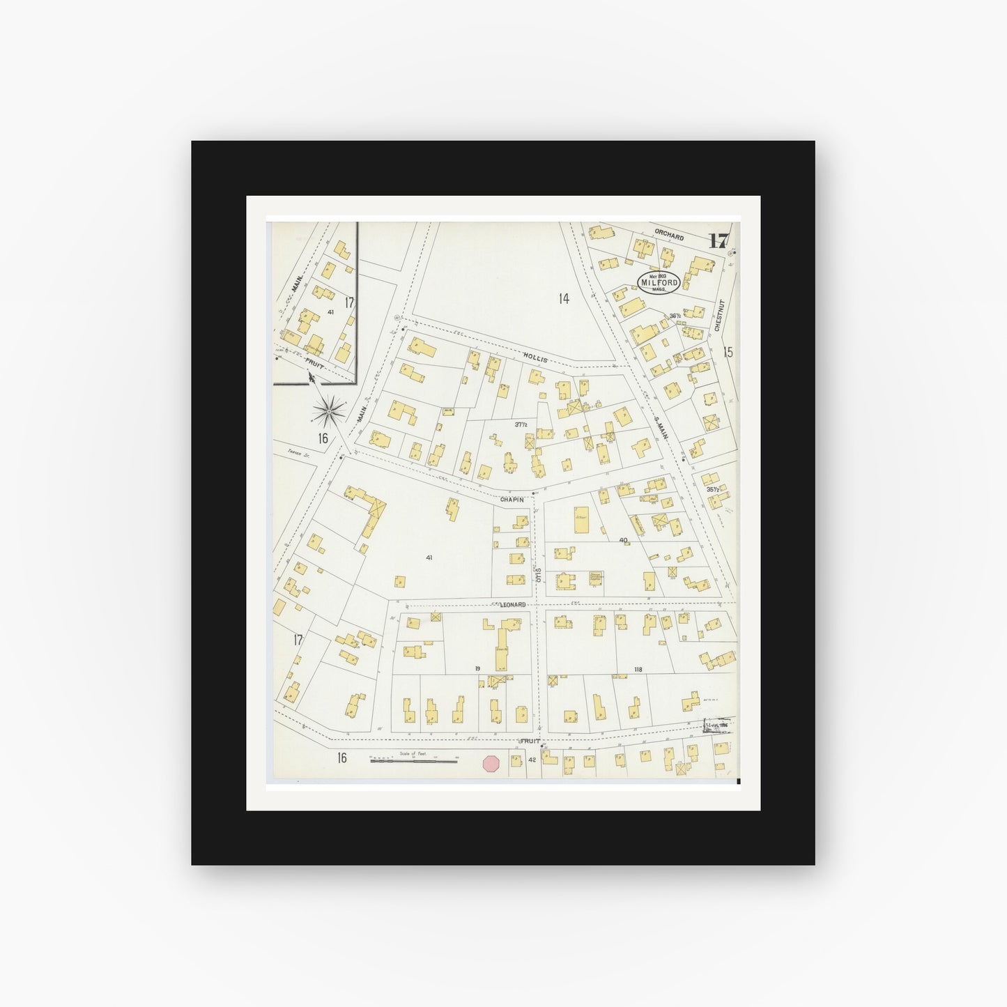 Old map wall art mockup — black gallery frame with white mat — Sanborn Fire Insurance Map from Milford, Worcester County, Massachusetts (1903), Sheet #0017