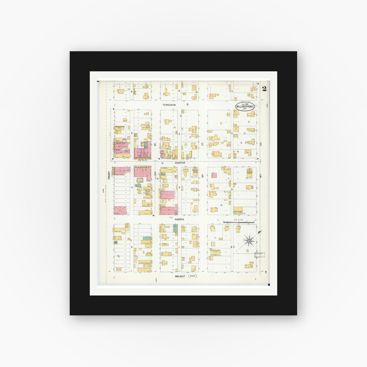 Old map wall art mockup — black gallery frame with white mat — Sanborn Fire Insurance Map from Willow Springs, Howell County, Missouri (1900), Sheet #0002