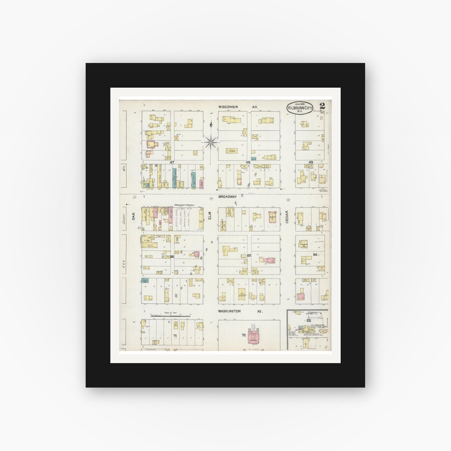Old map wall art mockup — black gallery frame with white mat — Sanborn Fire Insurance Map from Kilbourn, Columbia County, Wisconsin (1892), Sheet #0002