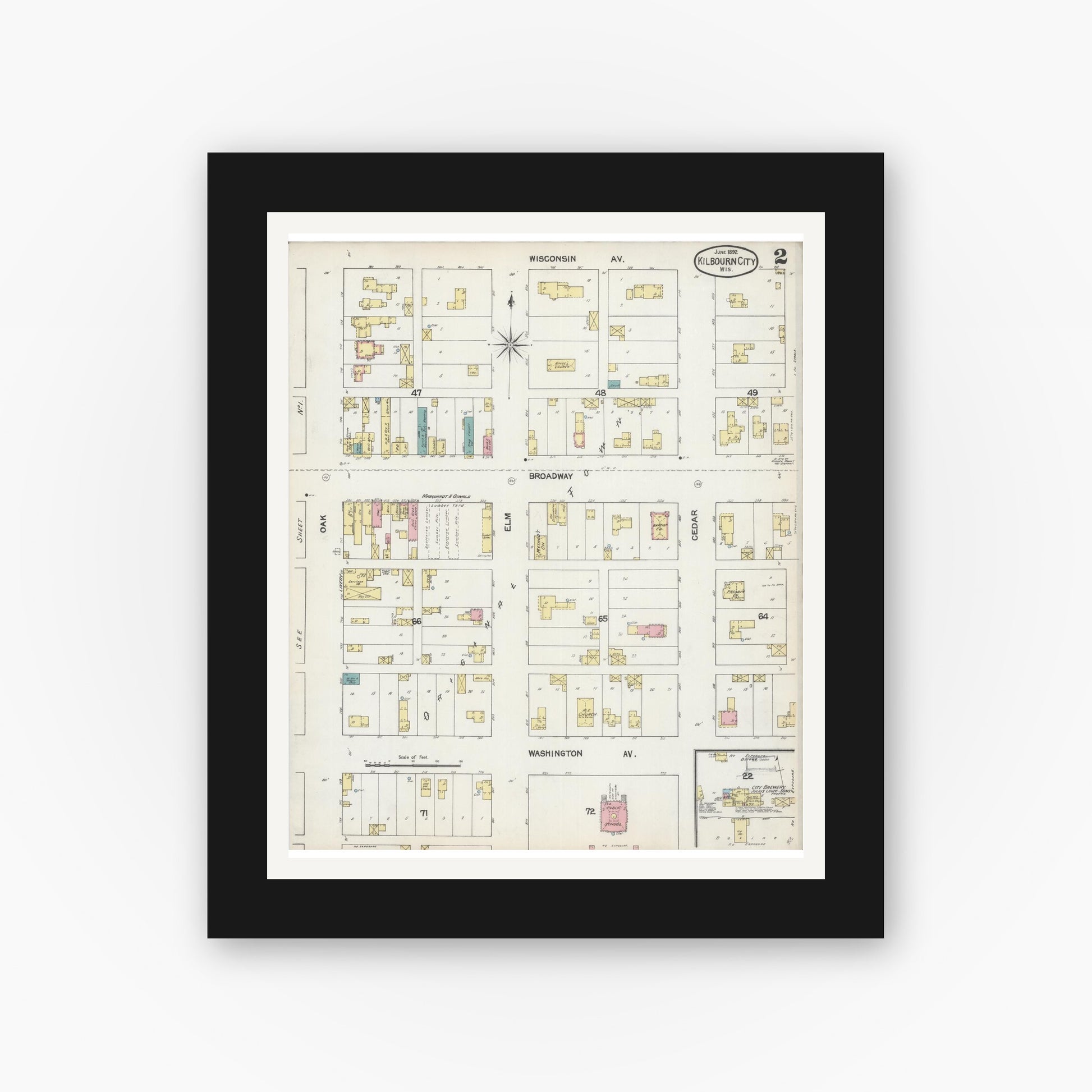 Old map wall art mockup — black gallery frame with white mat — Sanborn Fire Insurance Map from Kilbourn, Columbia County, Wisconsin (1892), Sheet #0002