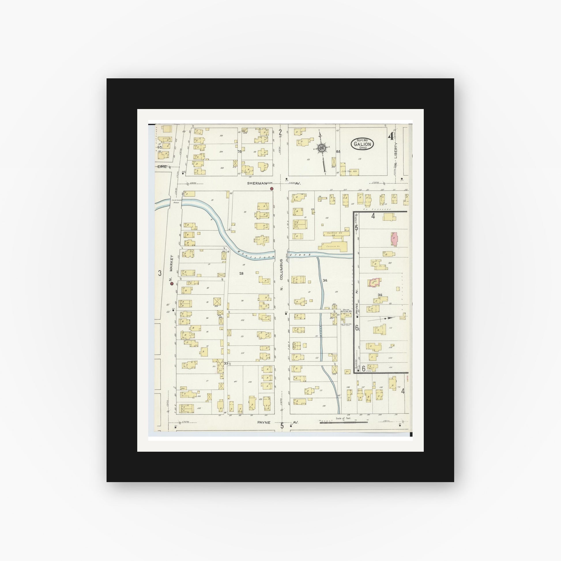 Old map wall art mockup — black gallery frame with white mat — Sanborn Fire Insurance Map from Galion, Crawford County, Ohio (1913), Sheet #0004