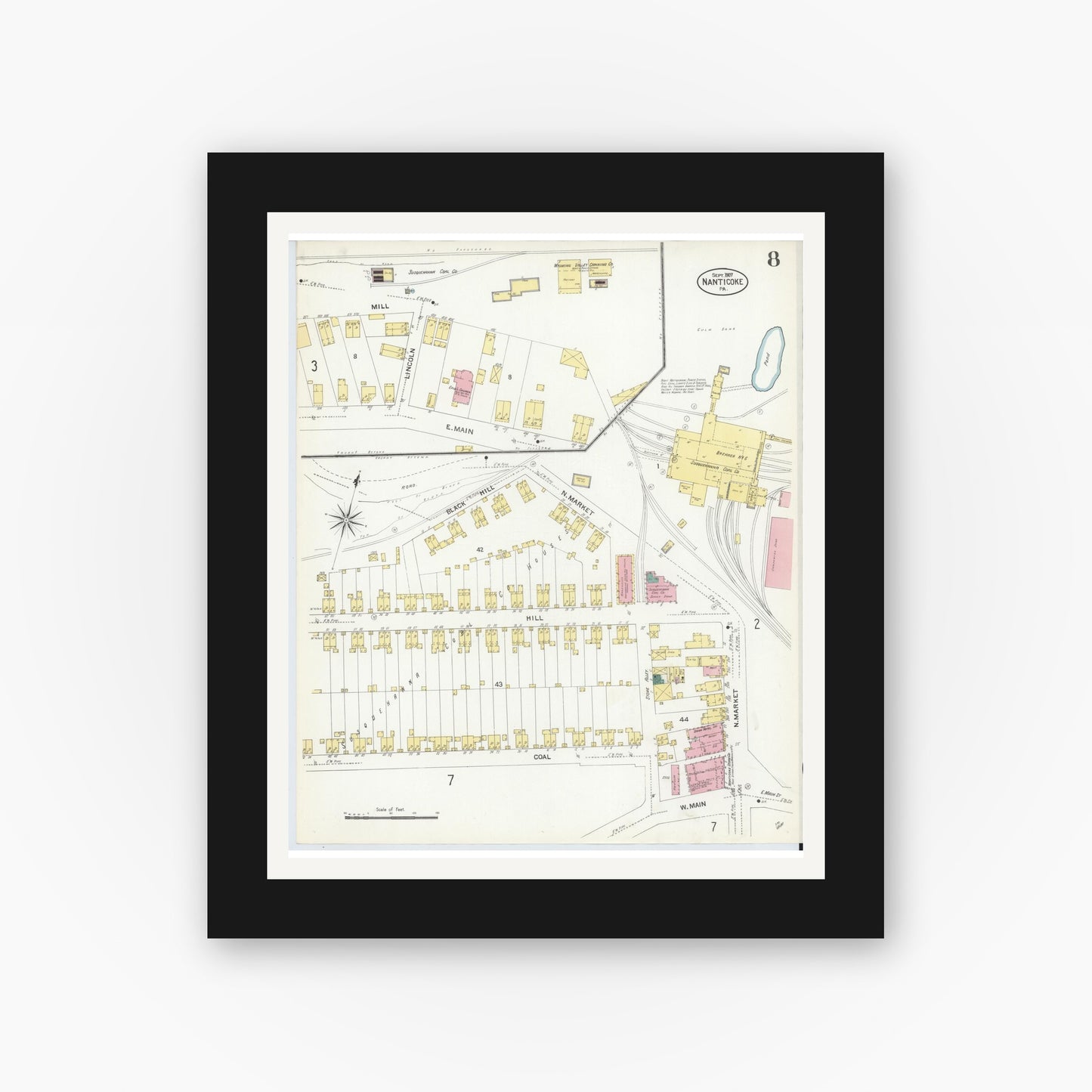 Old map wall art mockup — black gallery frame with white mat — Sanborn Fire Insurance Map from Nanticoke, Luzerne County, Pennsylvania (1907), Sheet #0008