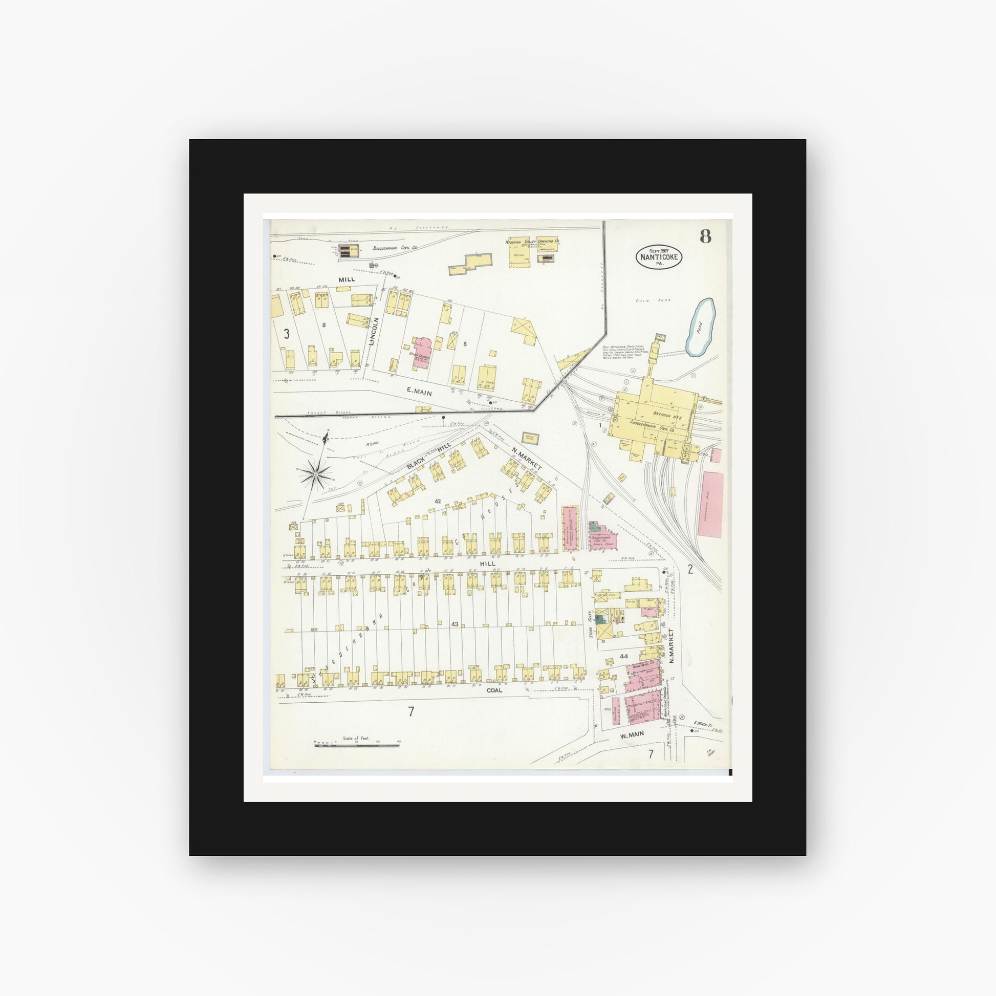 Old map wall art mockup — black gallery frame with white mat — Sanborn Fire Insurance Map from Nanticoke, Luzerne County, Pennsylvania (1907), Sheet #0008