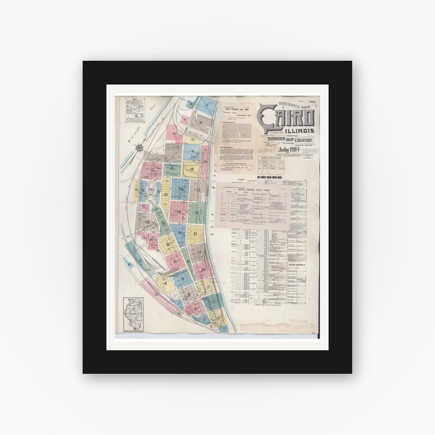 Old map wall art mockup — black gallery frame with white mat — Sanborn Fire Insurance Map from Cairo, Alexander County, Illinois (1949), Sheet #0001