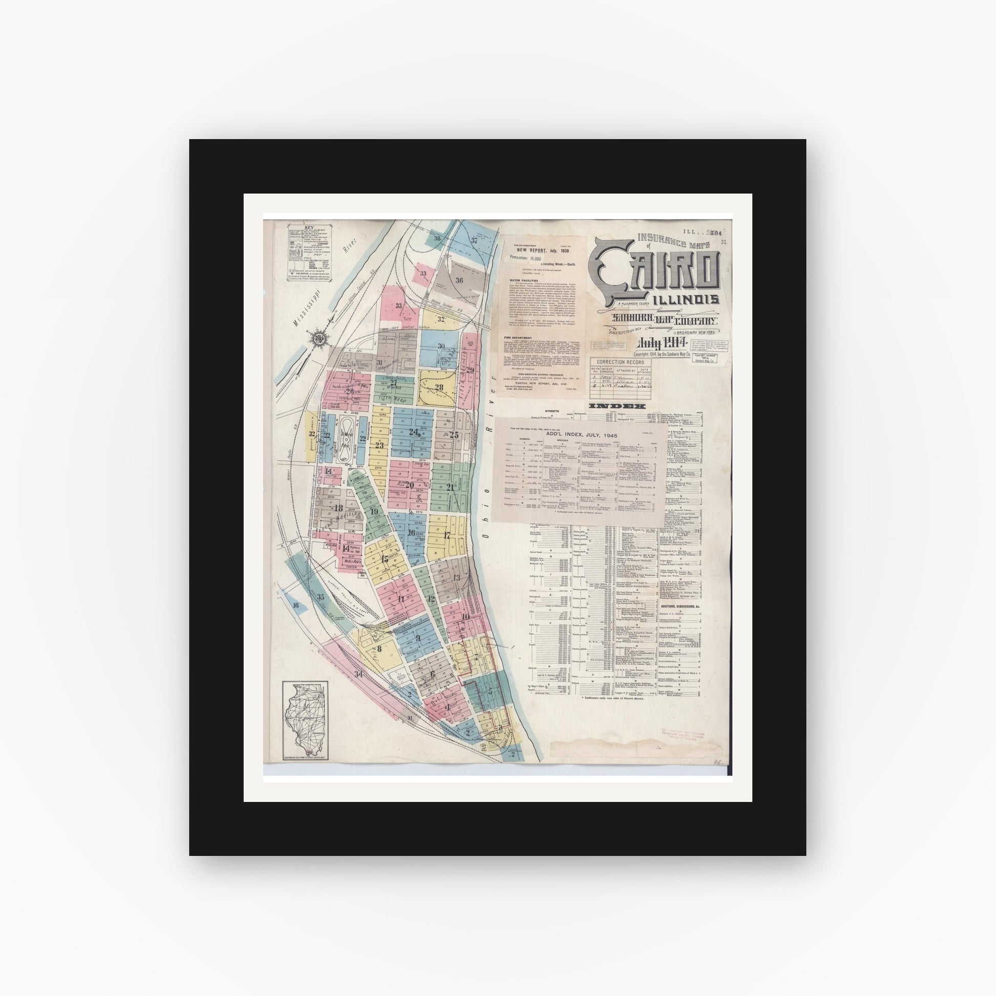 Old map wall art mockup — black gallery frame with white mat — Sanborn Fire Insurance Map from Cairo, Alexander County, Illinois (1949), Sheet #0001