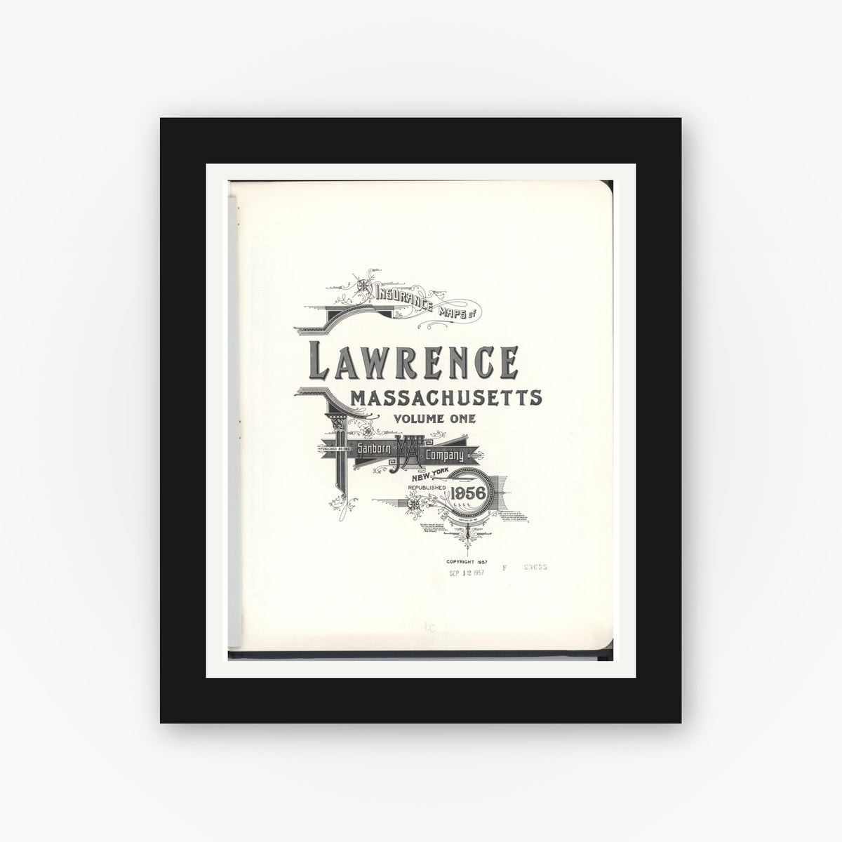 Old map wall art mockup — black gallery frame with white mat — Sanborn Fire Insurance Map from Lawrence, Essex County, Massachusetts (1956), Sheet #0001