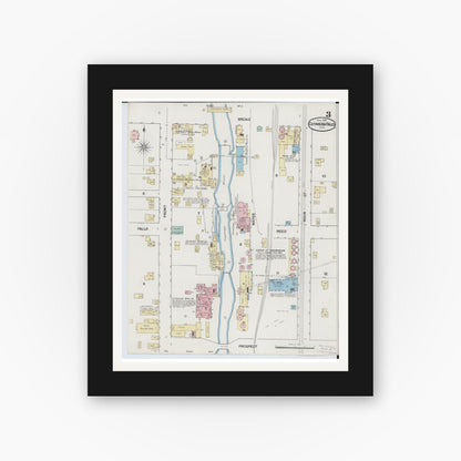 Old map wall art mockup — black gallery frame with white mat — Sanborn Fire Insurance Map from Cuyahoga Falls, Summit County, Ohio (1889), Sheet #0003