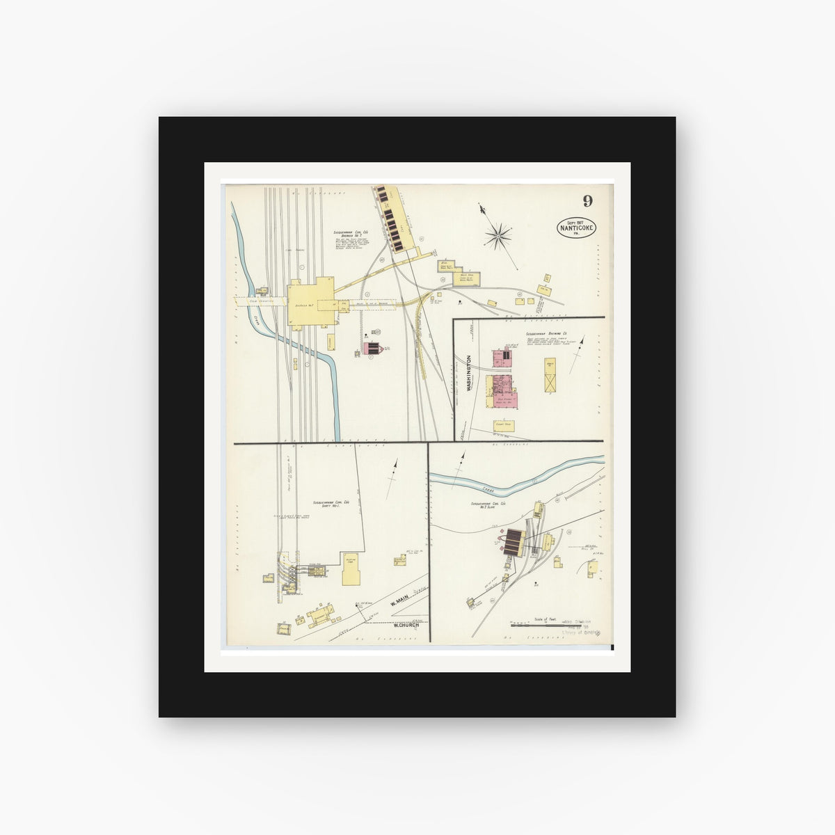 Old map wall art mockup — black gallery frame with white mat — Sanborn Fire Insurance Map from Nanticoke, Luzerne County, Pennsylvania (1907), Sheet #0009