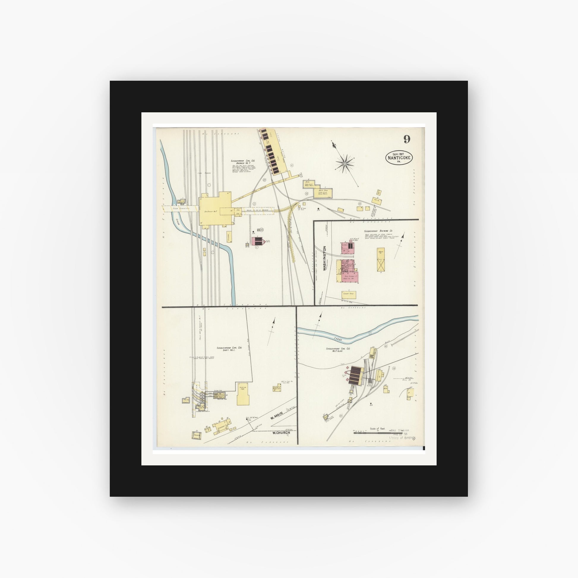 Old map wall art mockup — black gallery frame with white mat — Sanborn Fire Insurance Map from Nanticoke, Luzerne County, Pennsylvania (1907), Sheet #0009