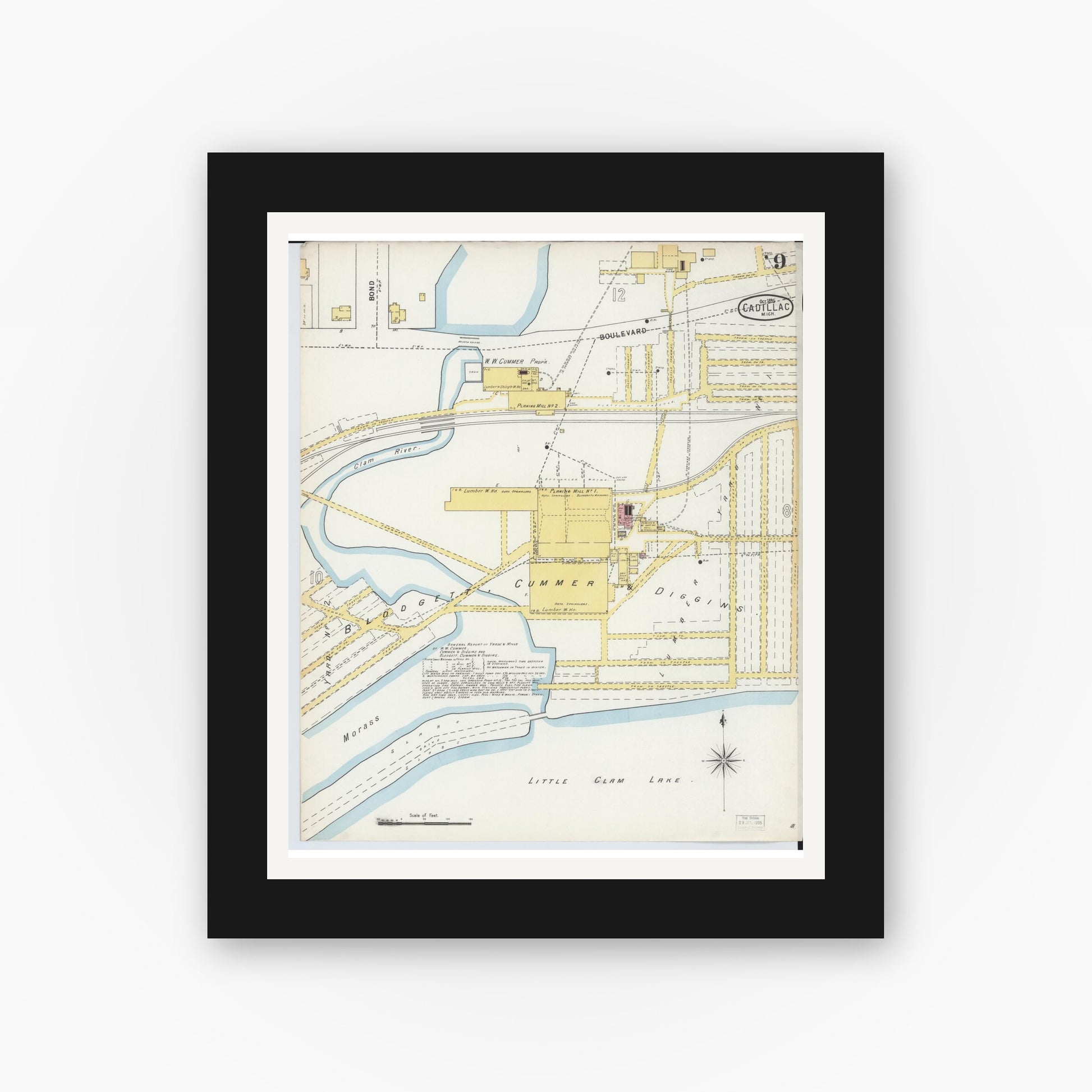 Old map wall art mockup — black gallery frame with white mat — Sanborn Fire Insurance Map from Cadillac, Wexford County, Michigan (1895), Sheet #0009