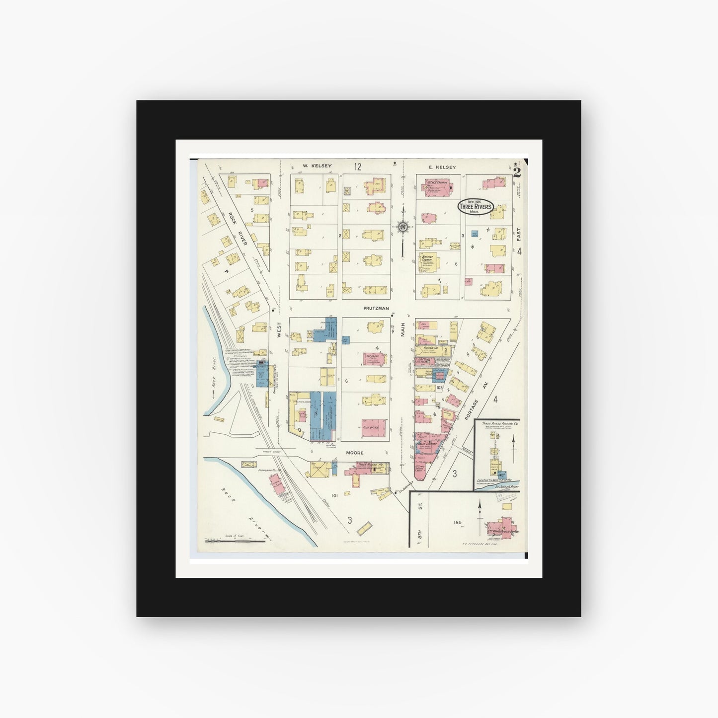 Old map wall art mockup — black gallery frame with white mat — Sanborn Fire Insurance Map from Three Rivers, Saint Joseph County, Michigan (1916), Sheet #0002