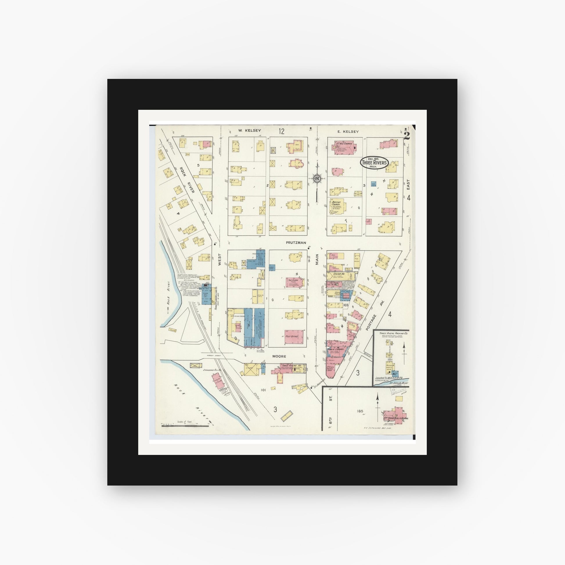Old map wall art mockup — black gallery frame with white mat — Sanborn Fire Insurance Map from Three Rivers, Saint Joseph County, Michigan (1916), Sheet #0002